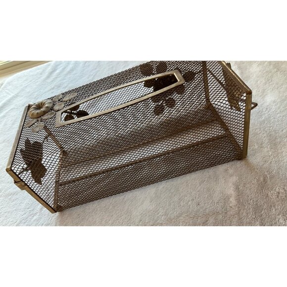 VTG MCM Tissue Box Cover Gold Tone Wire Mesh Hollywood Regency Leaves and Flower - Picture 4 of 12